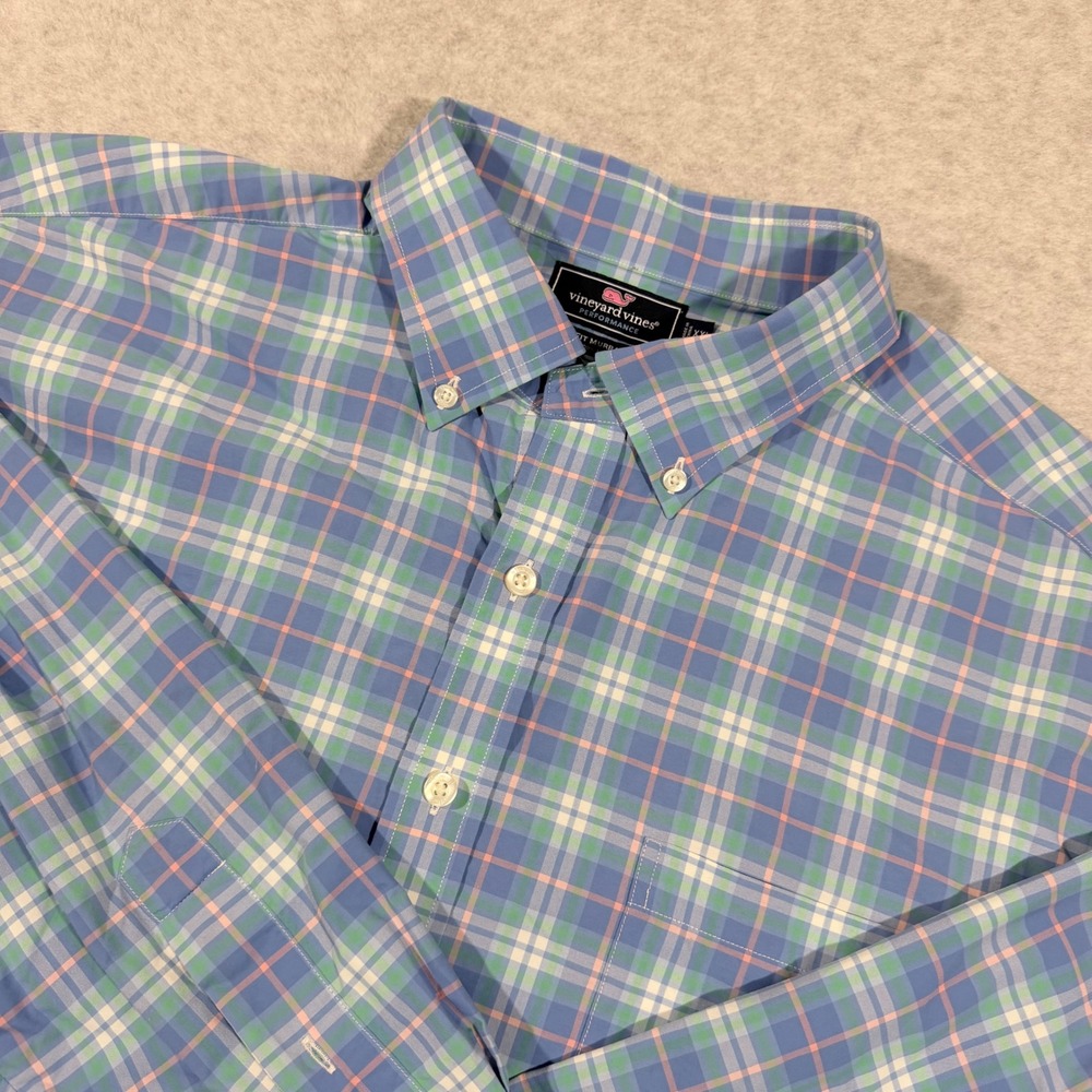 Vineyard Vines Murray Shirt Mens XXL Blue Plaid Performance Slim Fit